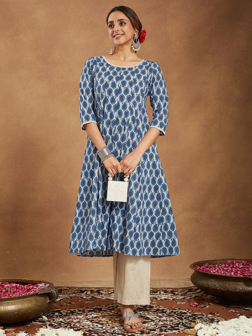 Janasya Women's Indigo Blue & Beige Pure Cotton Paisley Printed Anarkali Kurta With Palazzo Set